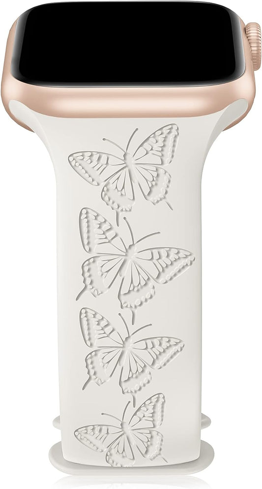 White Butterfly Engraved Soft Silicone Apple Watch Sport Band 38mm/40mm/41mm