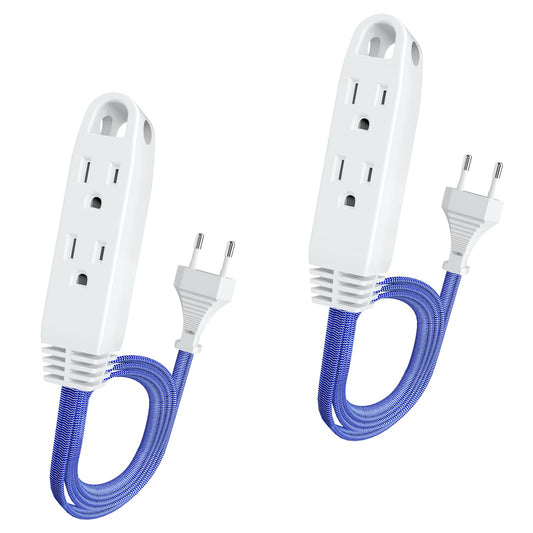 2pk 1.5ft Extension Cord European Travel Plug Adapter w/ 3 US Outlets