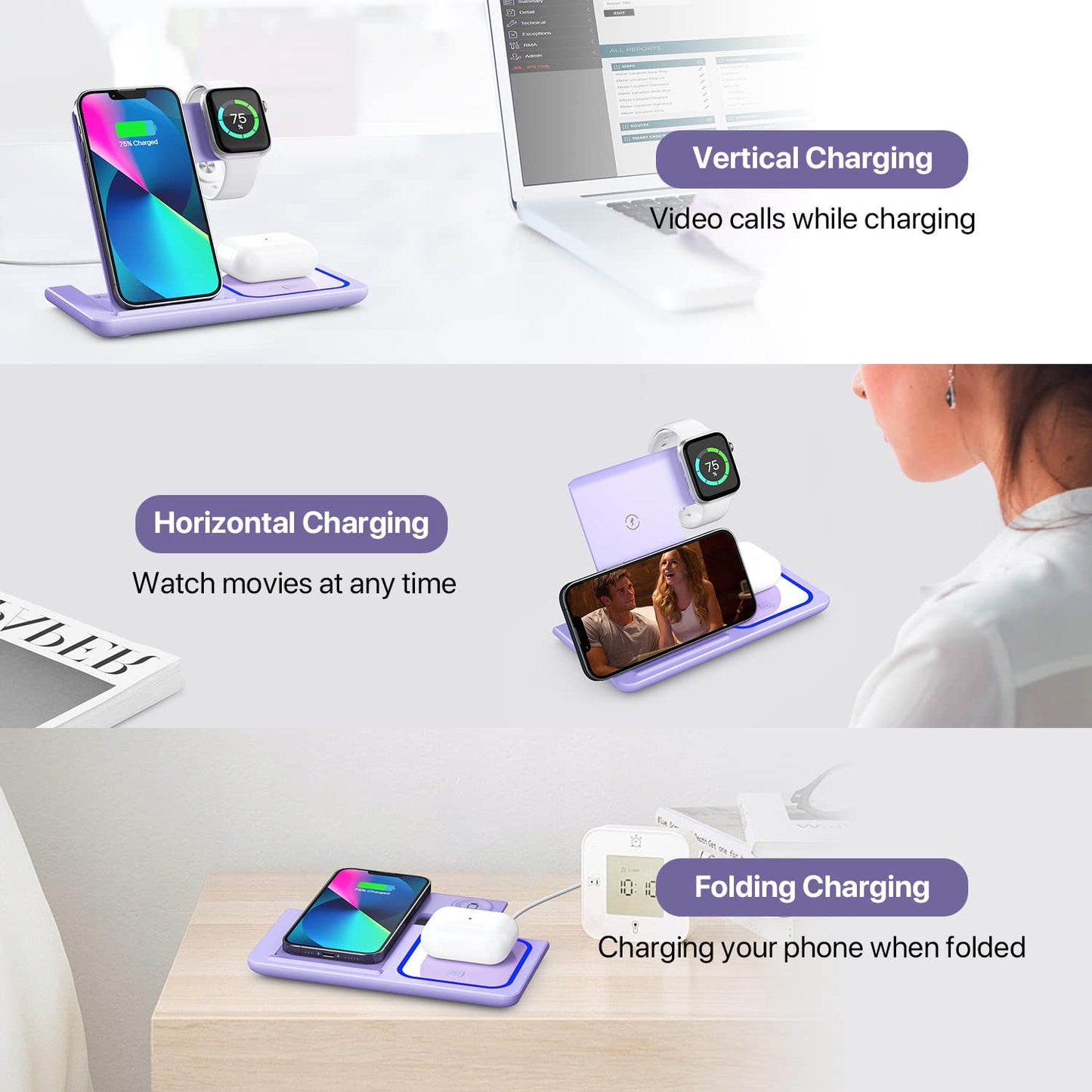 3-in-1 Wireless Charging Station for iPhone, Apple Watch & Airpods (Purple)