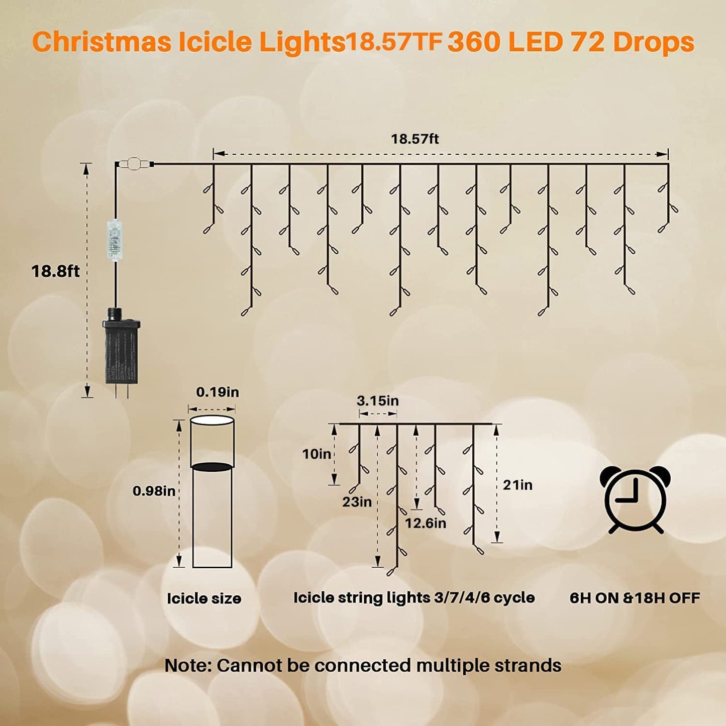 18.57ft 360 LED 72 Drops Warm White Outdoor Plug-In Christmas Icicle Lights