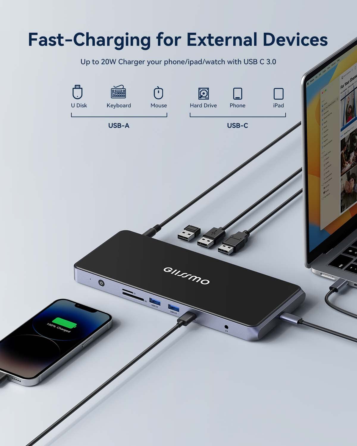 13-in-1 USB-C Laptop Docking Station 20W Charging Dual 4K HDMI & DisplayPort