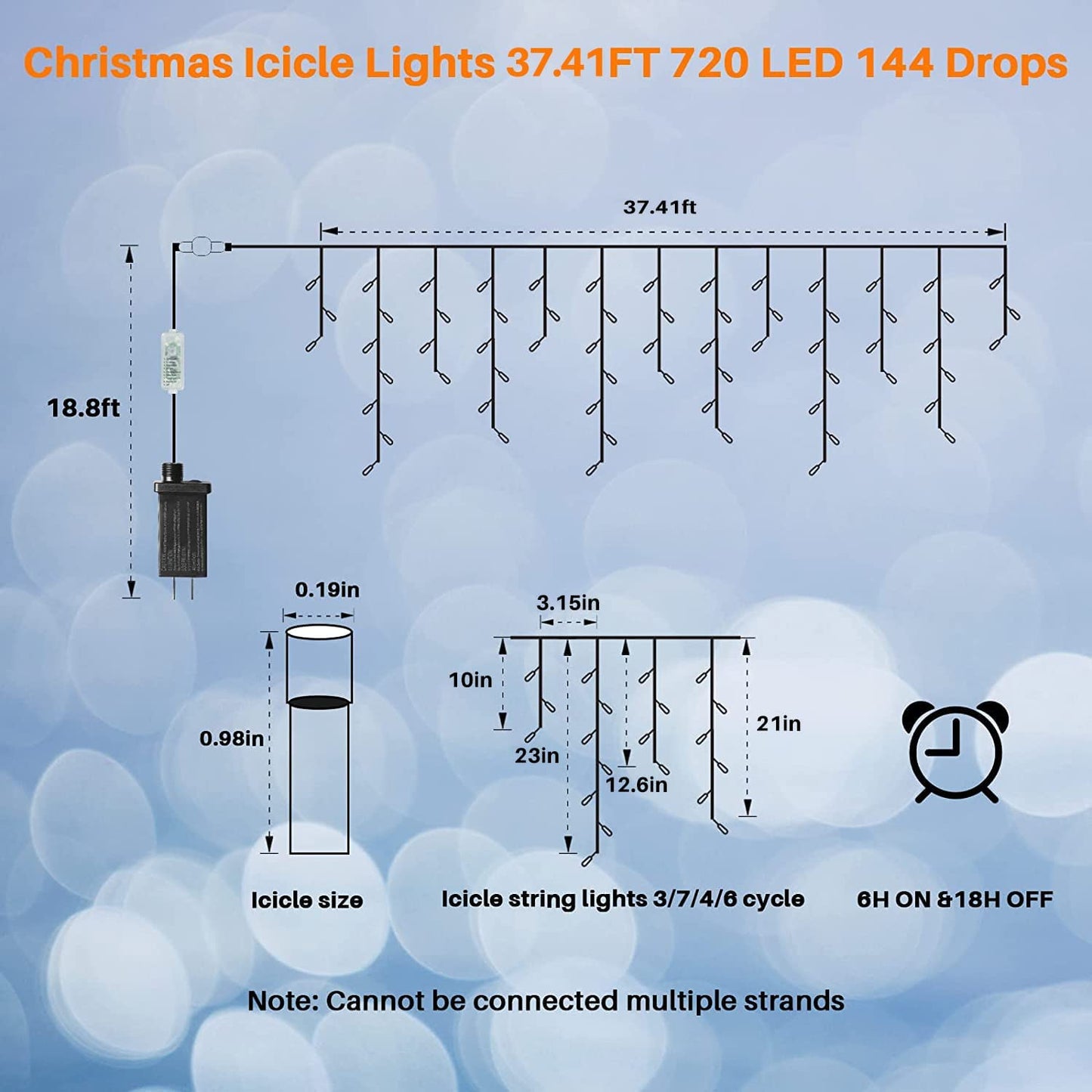 37.41ft 720 LED 144 Drops Cool White Outdoor Plug-In Christmas Icicle Lights
