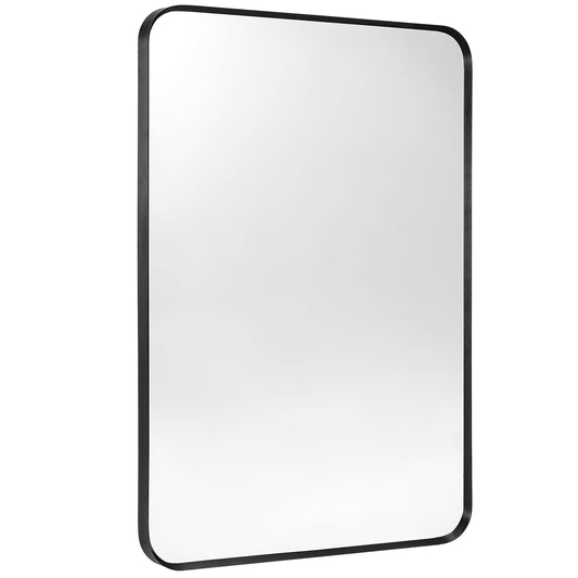 20"x30" Black Metal Framed Rounded Corner Rectangular Wall Mount Vanity Mirror
