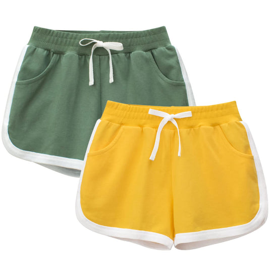 2pk (Green/Yellow) Size 8Y-9Y Cotton Athletic Shorts w/ Decorative Drawstring