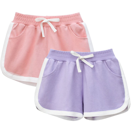 2pk (Pink/Purple) Size 4Y-5Y Cotton Athletic Shorts w/ Decorative Drawstring