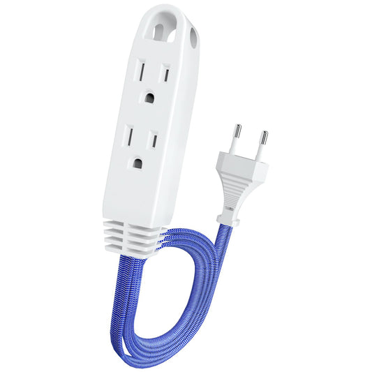 1.5ft Extension Cord European Travel Plug Adapter w/ 3 US Outlets