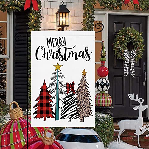 Merry Christmas Tree Garden Flag: Farmhouse Christmas Decorations Outdoor Yard Flag Burlap 12x18 Double Sided Buffalo Check Winter Seasonal Holiday House Decor for Outside Party
