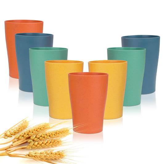 Wheat Straw Cups: Colorful, Unbreakable, Reusable 8oz Plastic Glasses (8pcs) - Ideal for Beverages, Multi-Purpose Use & Dishwasher Safe