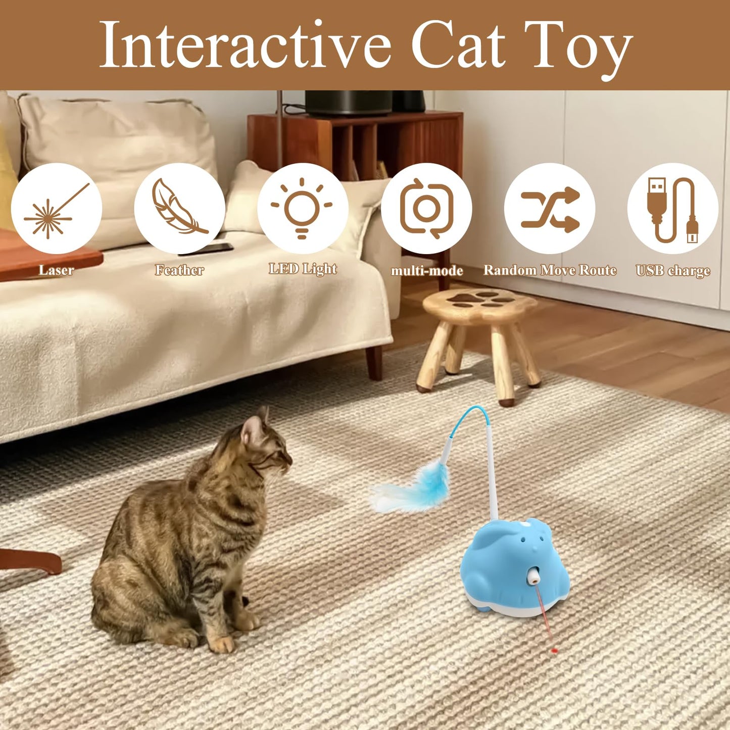 Motorized Interactive Cat Toy with Feather, Laser, 3 Modes - Ultimate Play for Energetic Kittens