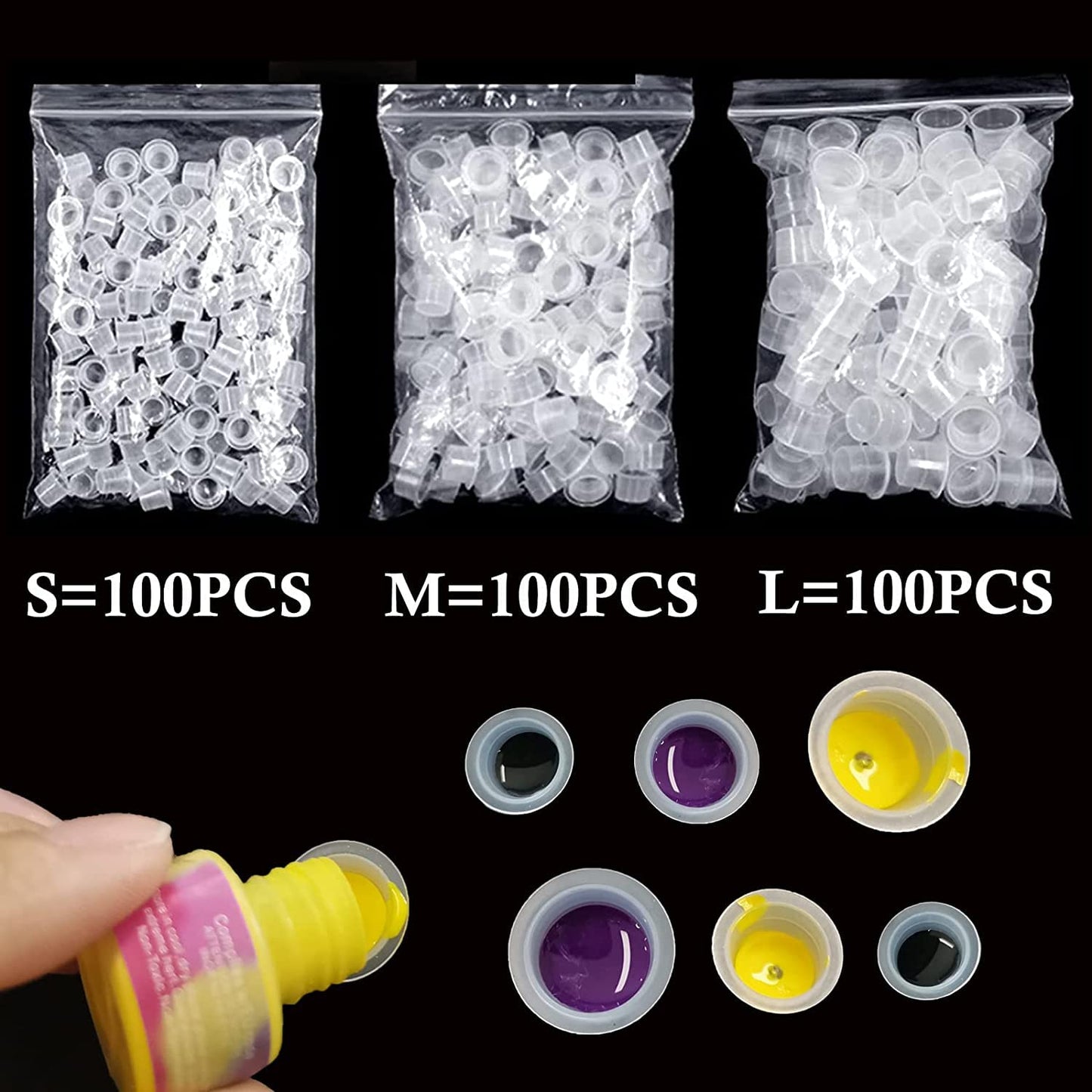 300pcs (100 Small/100 Medium/100 Large) Tattoo Ink Caps/Cups