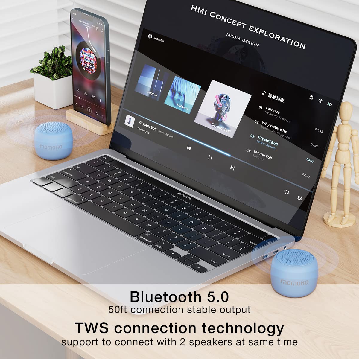 Compact Bluetooth 5.0 Speaker with HD Sound, TWS Pairing & Built-in Mic (Blue)