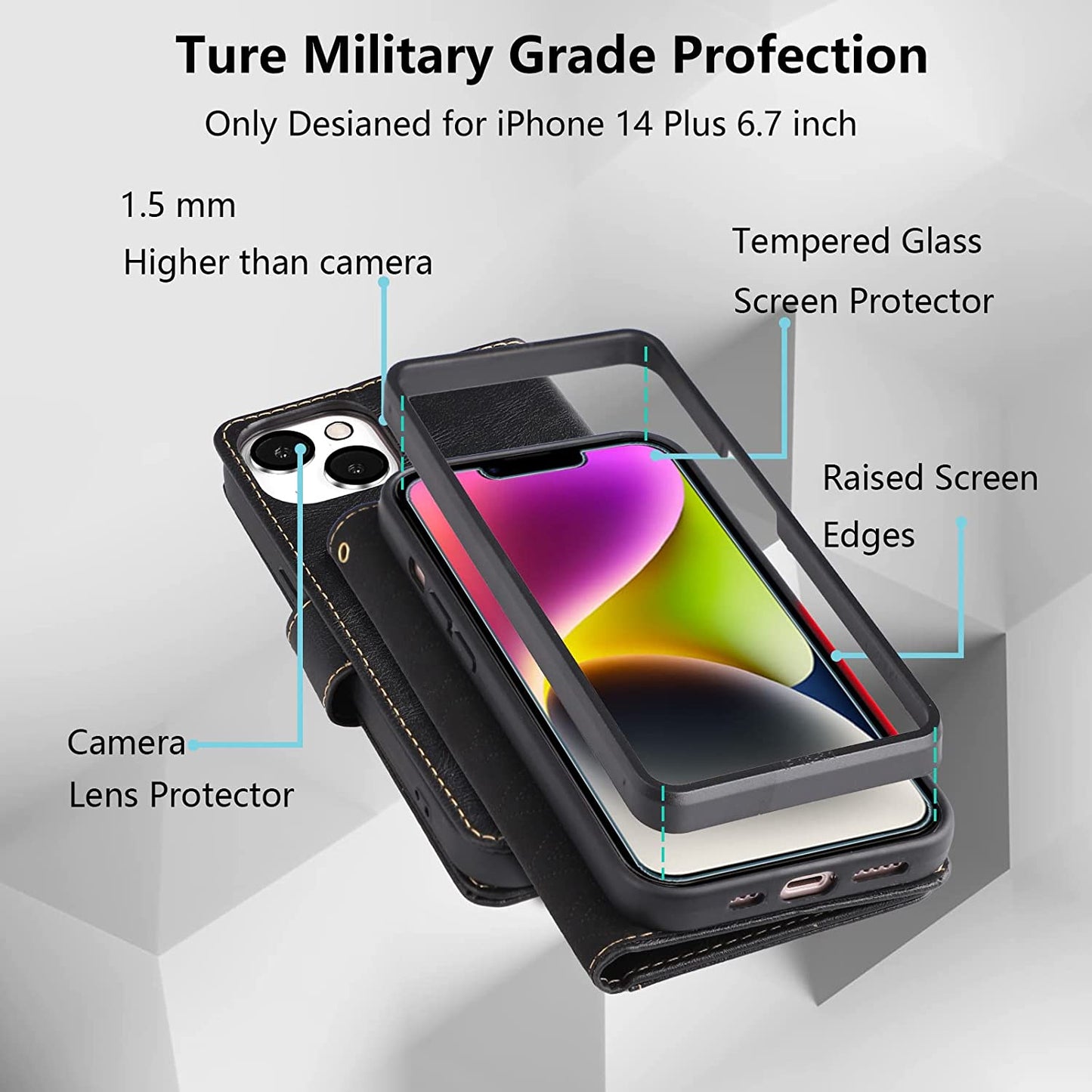 iPhone 14 Plus Kickstand Wallet Case w/ 2 ea Screen/Camera Lens Protectors