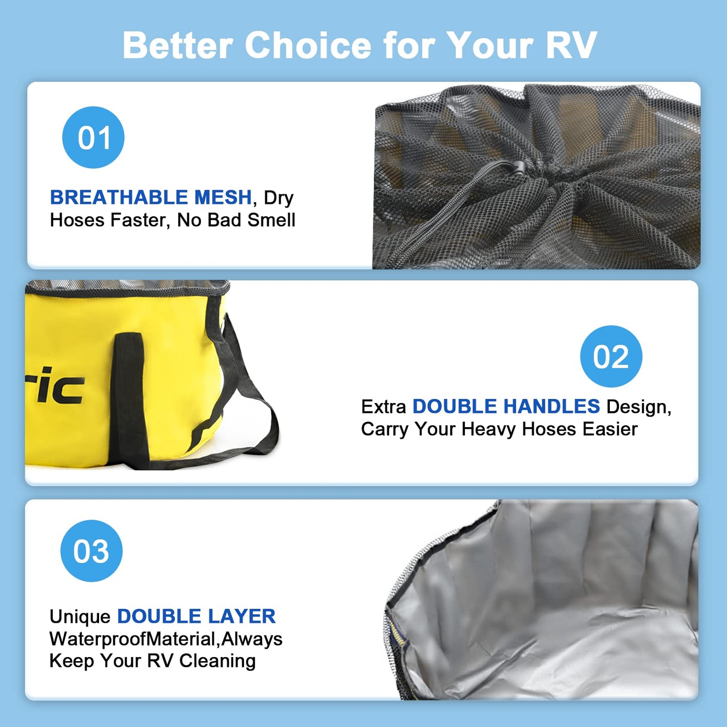 3pk Double Layer 600D Oxford Cloth RV Hose Sewer/Water/Electrical Storage Bags