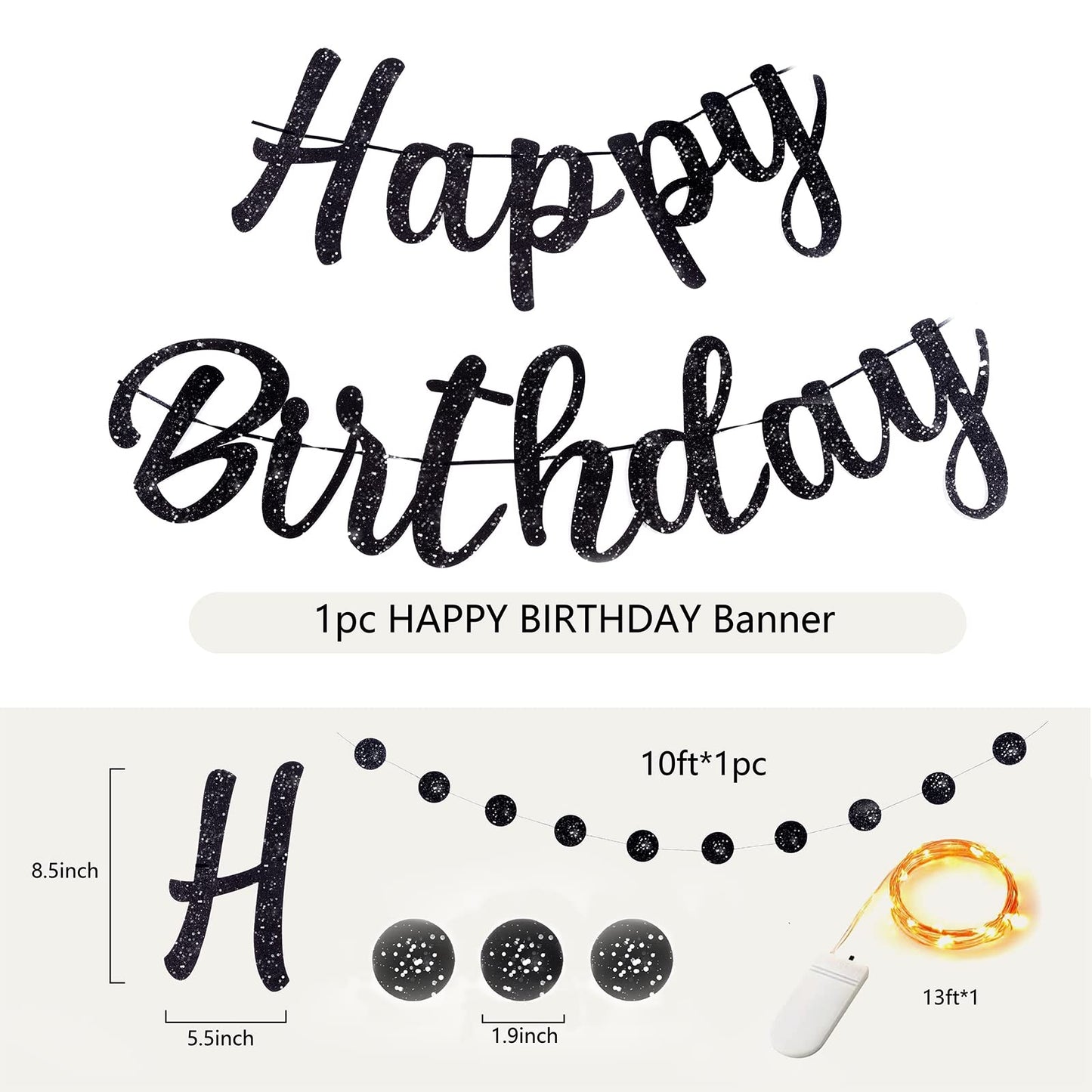 Black Happy Birthday Banner with Lights - Ideal Glow Decor for Both Men & Women