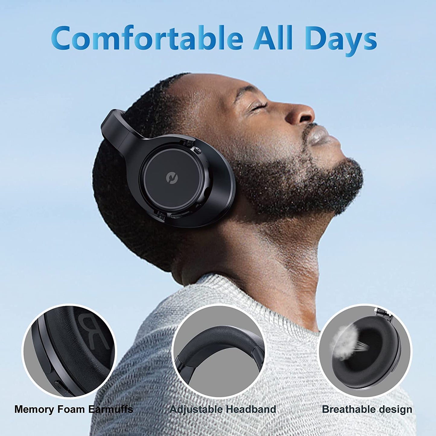 Foldable Over Ear Wireless Bluetooth Headphones w/ Mic/70H Playtime/3 EQ Modes