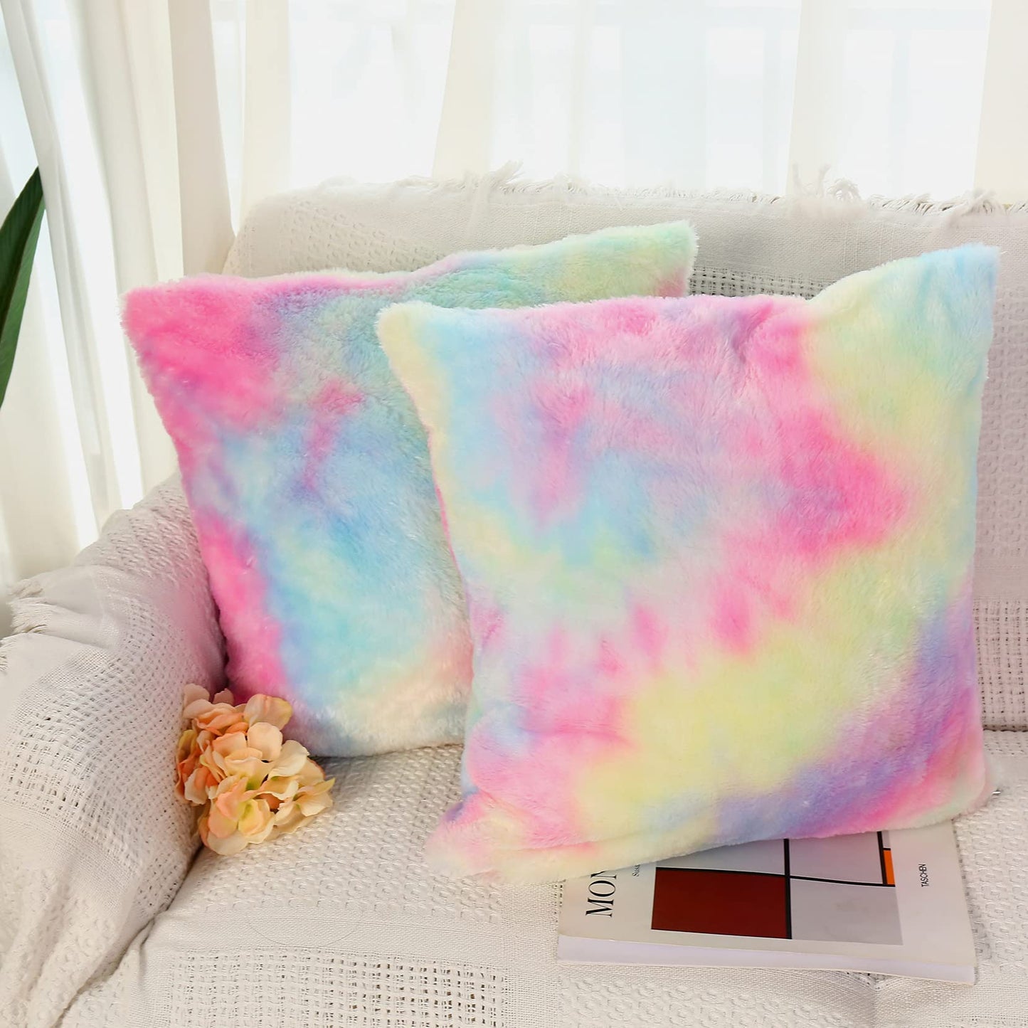 2pk 18"x18" Super Soft Fluffly Faux Fur Wool Tie Dye Throw Pillow Covers