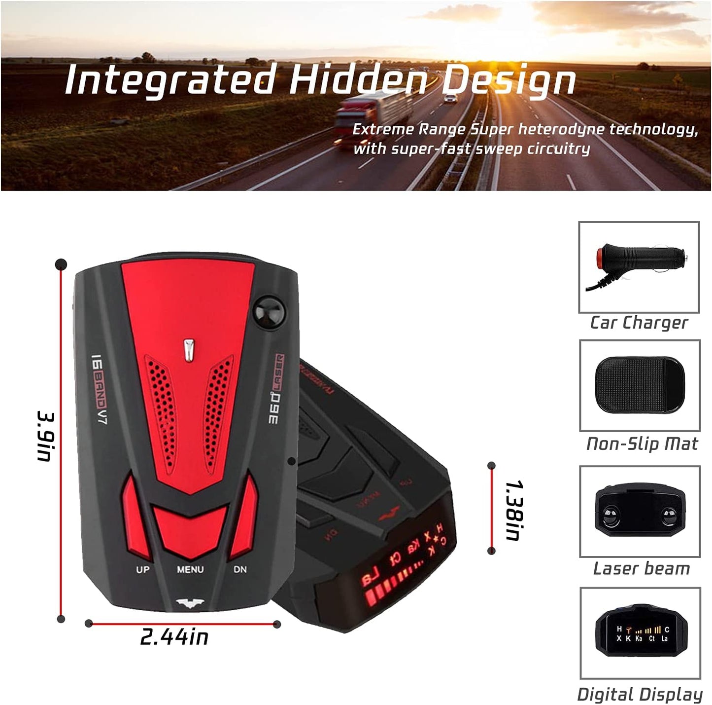 Car Radar Detector w/ LED Display, Vehicle Speed Alarm, POP/City/Highway Mode
