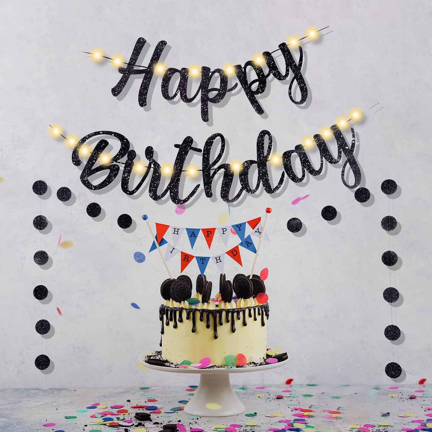 Black Happy Birthday Banner with Lights - Ideal Glow Decor for Both Men & Women