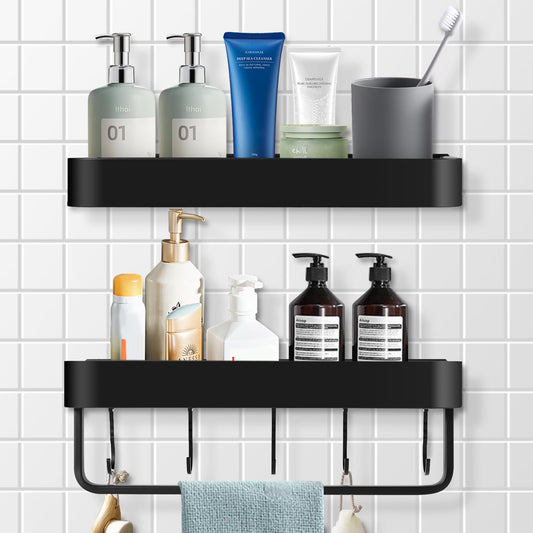 2-Piece Black Space Aluminum Shower Caddy: No-Drill Organizer with Hooks