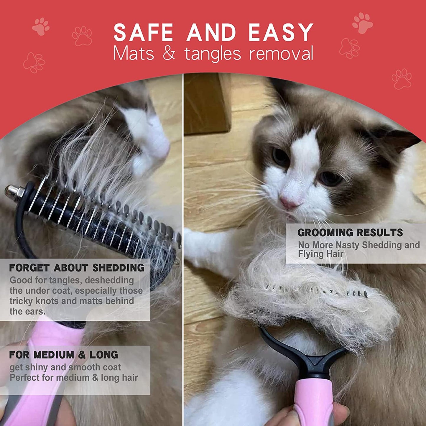 3pcs Pink Double Sided Dog/Cat/Pet Deshedding Brush + Nail Clippers + Nail File