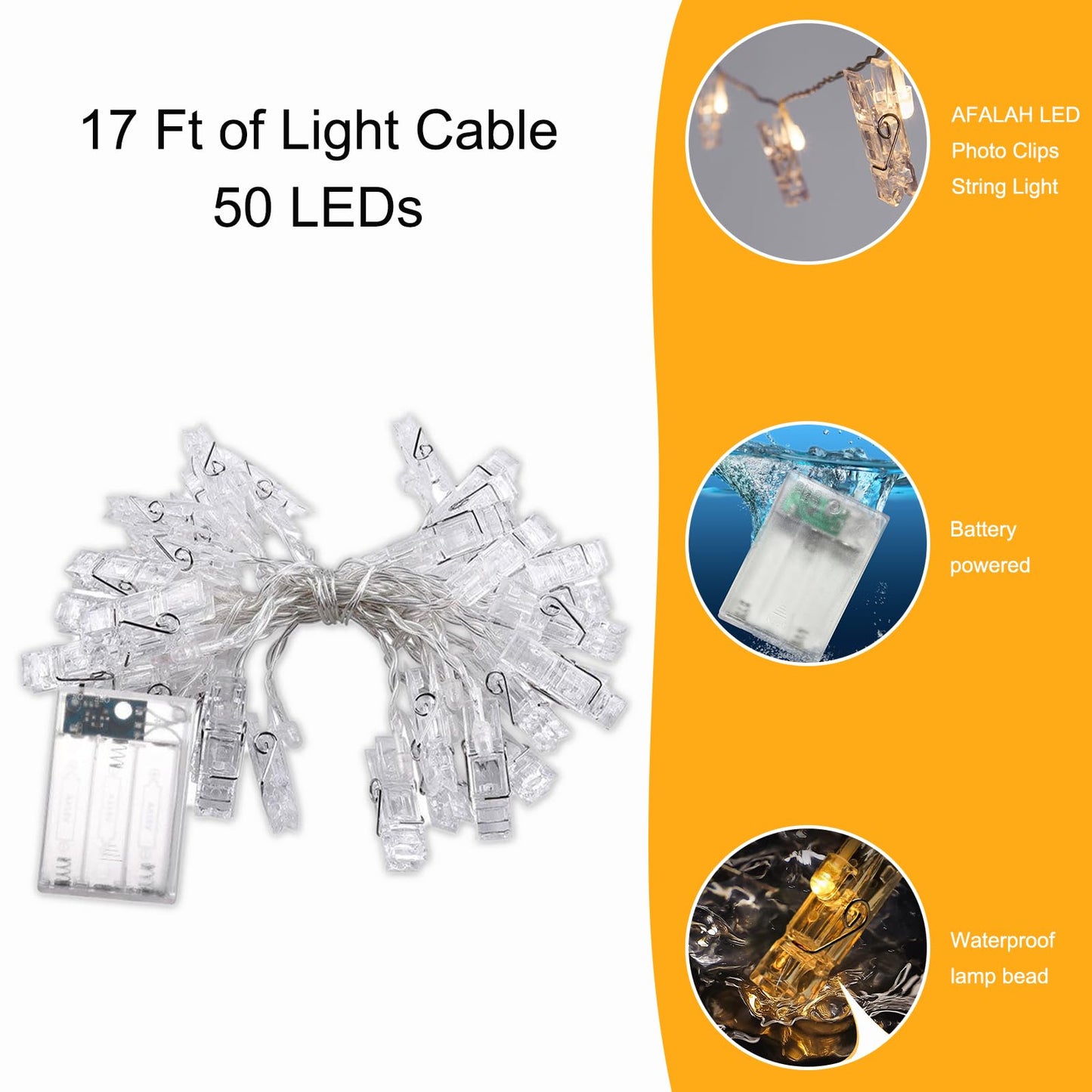 Photo Clip String Lights 17 FT: 50 LED Fairy Lights with Clips for Bedroom, Wall, Patio, Halloween, Thanksgiving, Wedding & More – Battery Operated with Dual Modes