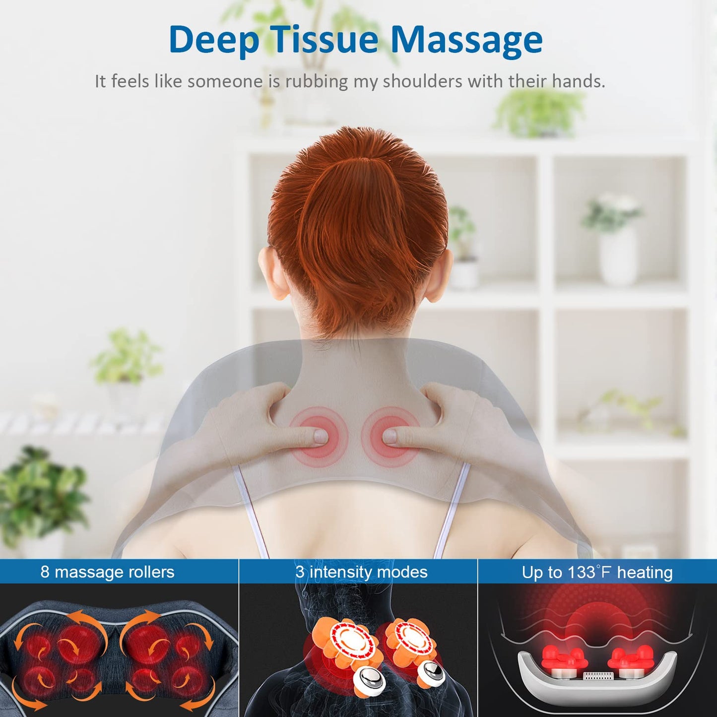 Shiatsu Heated Neck/Back Massager Deep Tissue Relief, 3 Intensities/Timing Modes