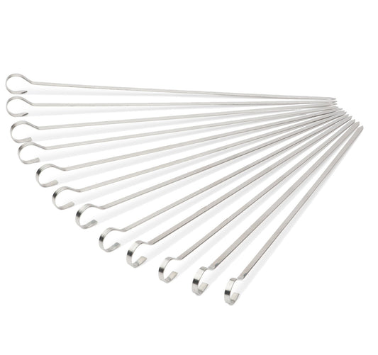 12 Stainless Steel Shish Kabob Skewers 14.5" - Durable, Flat & Wide BBQ Accessories with Ring-Tip Handle for Even, Quick Cooking | Ideal for Meat, Vegetables & More