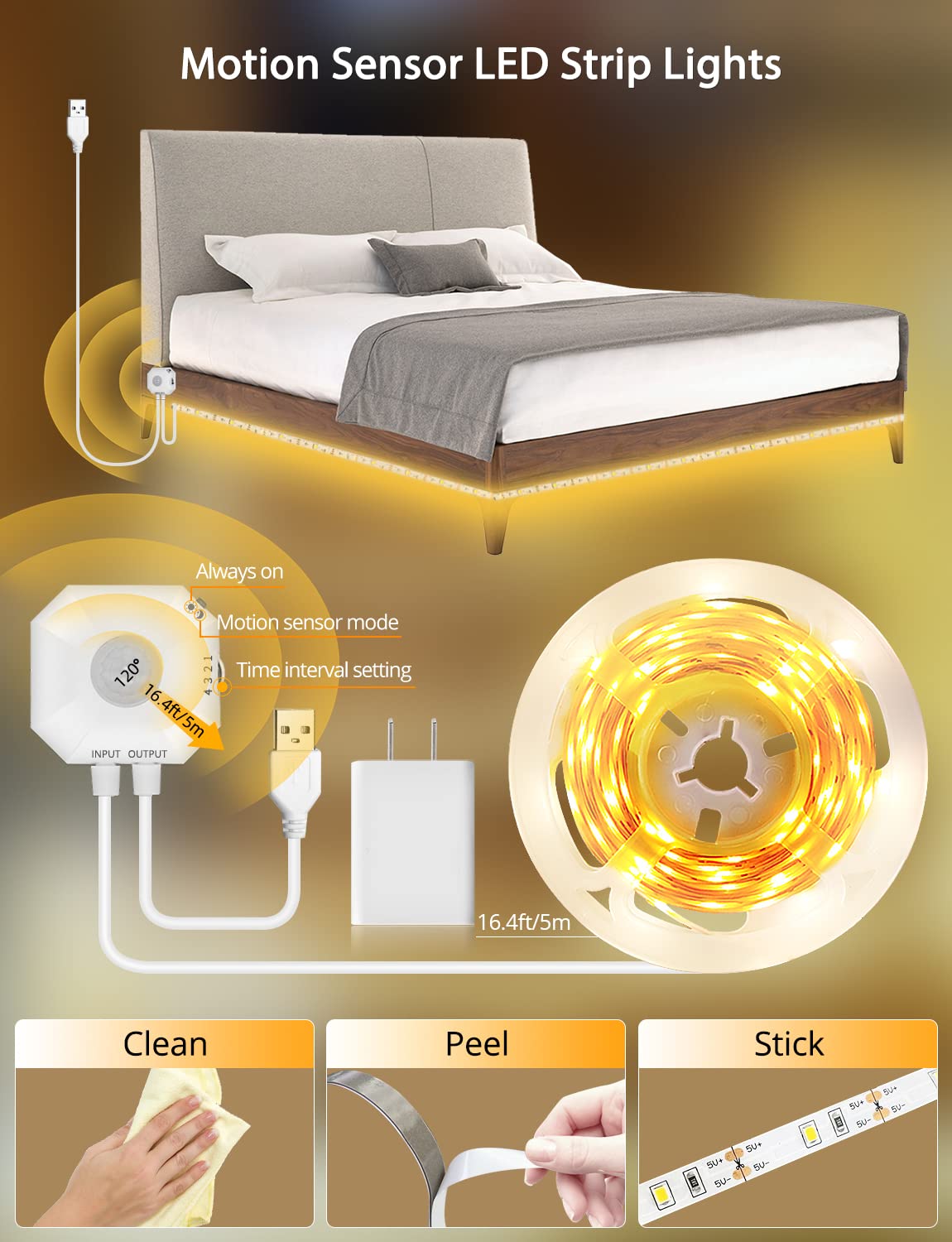 16.4ft Plug-in Under Bed/Cabinet Motion Sensor Warm White LED Light Strip No App