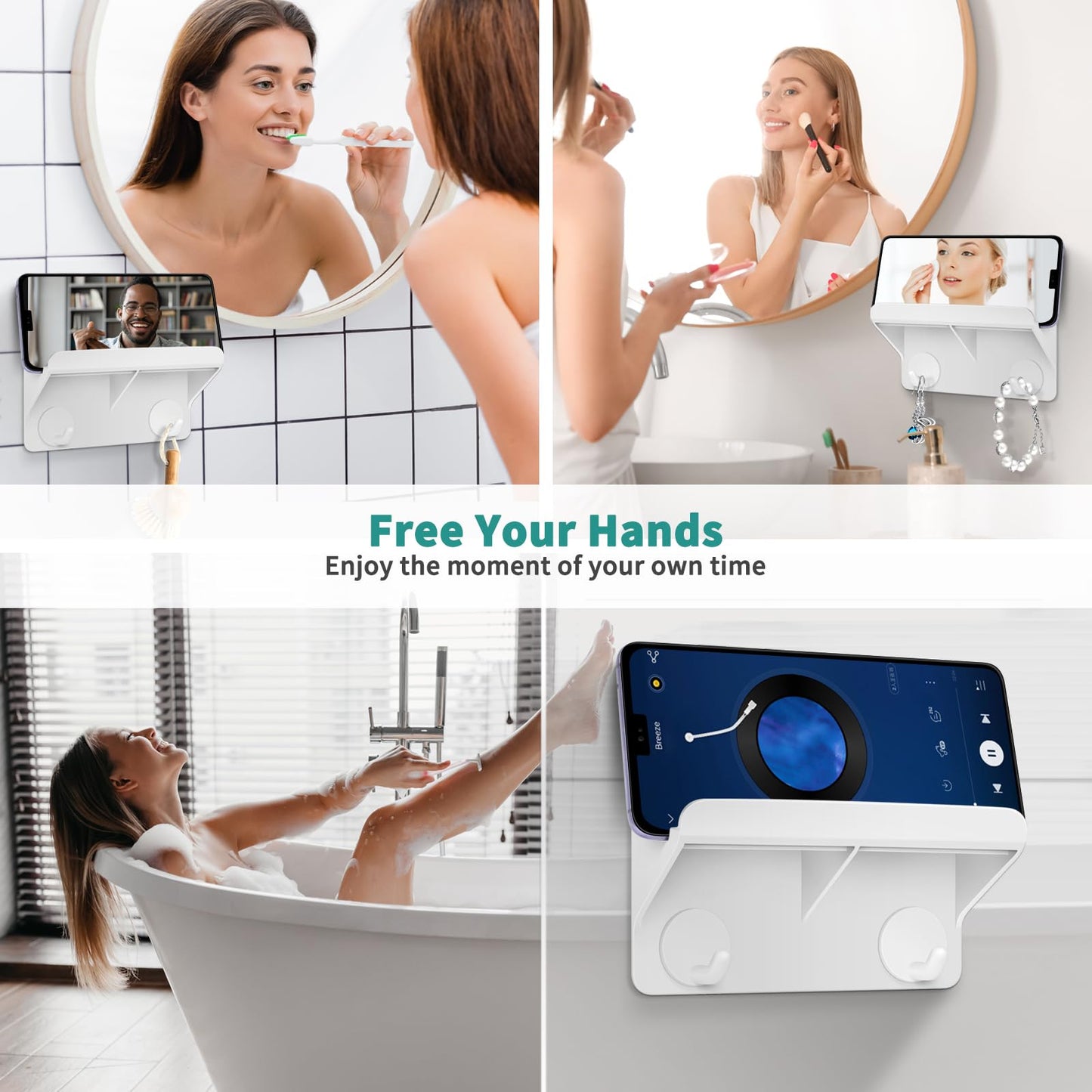 2pk Cell Phone & iPad Holder with Double Layer, Key Hooks for Home & Shower Use