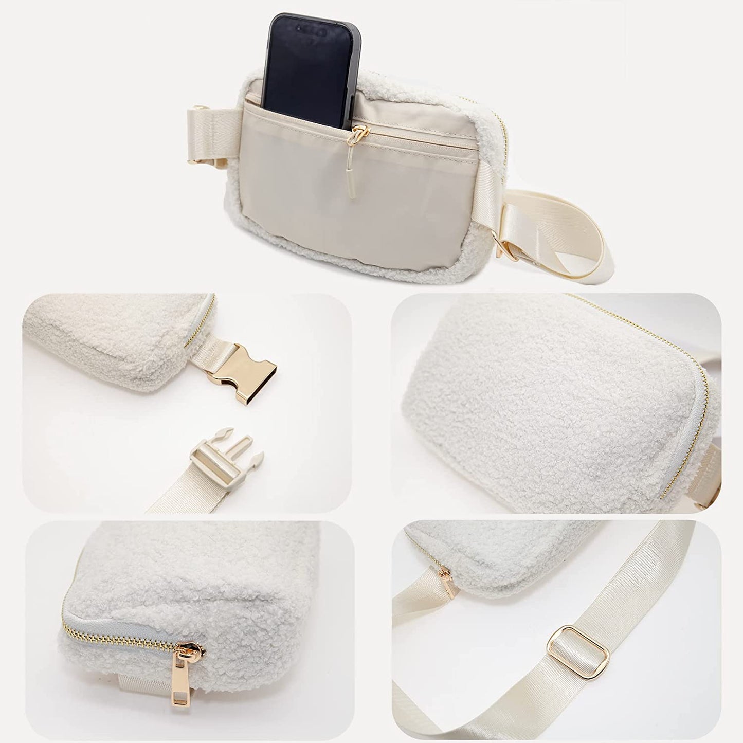 Fleece Belt Bag/Fanny Pack/Crossbody Bag w/ Hardware Buckle & Adjustable Strap