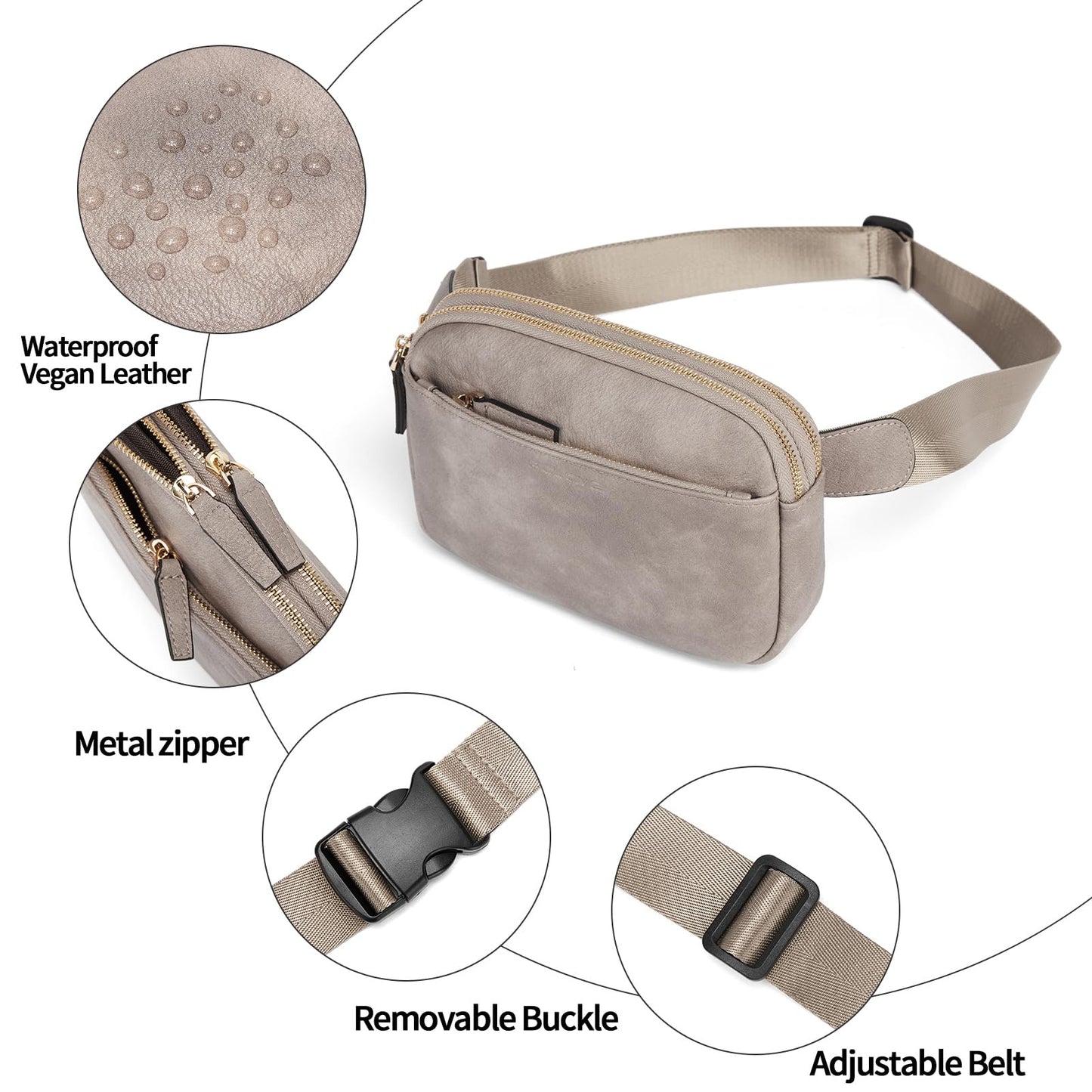 Fanny Packs for Women, Vegan Leather, Waterproof Chest Bag for Men, Fashion Waist Packs for Running, Crossbody Bags, Adjustable Belt Bag, Multi-Pocket Structure, Durable Material - Gray