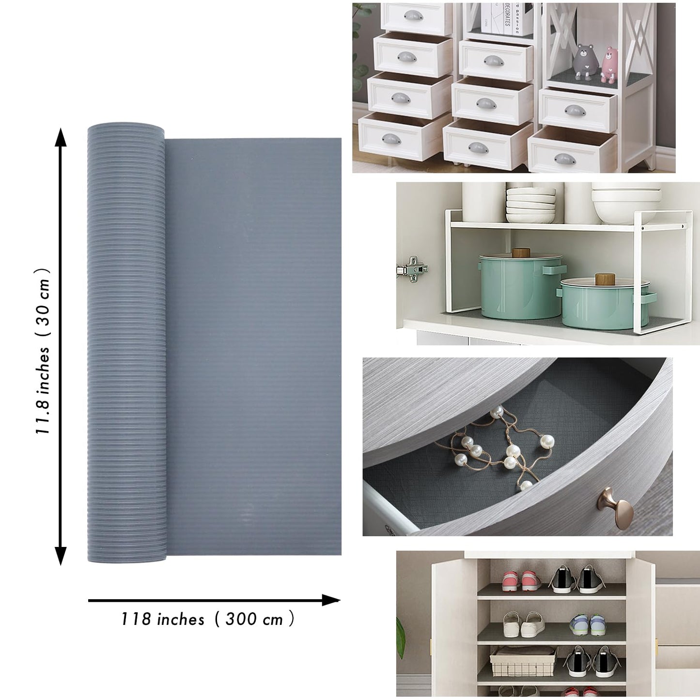 Shelf Liner, Non-Slip for Cabinets & Drawers, Gray 11.8" x 9.8 FT, Waterproof, Easy to Cut & Install, BPA-Free, Protects Surfaces, Ideal for Kitchen, Fridge & More.