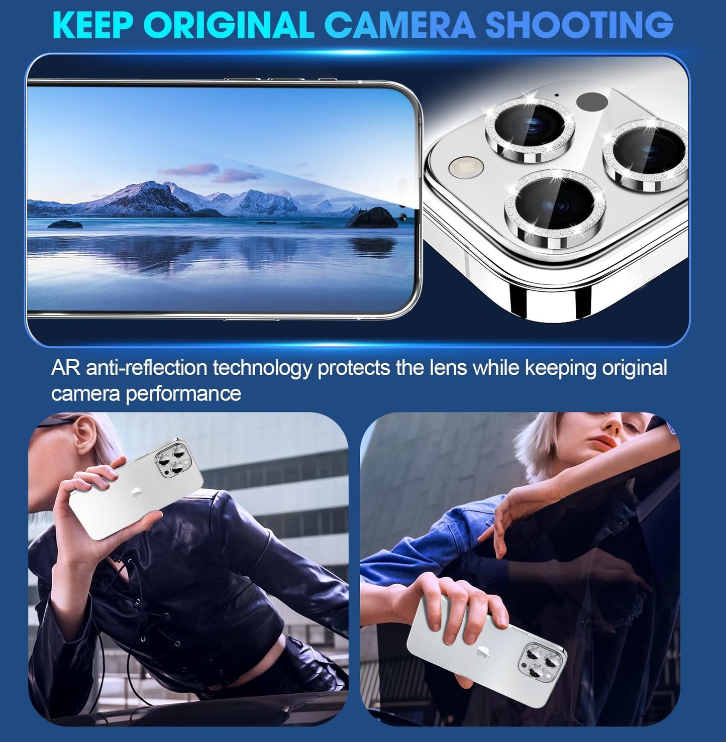 Stylish Silver Glitter Camera Lens Protector for iPhone 15 Pro/15 Pro Max: Scratchproof, Case-Friendly Accessory Enhancing Camera Quality with AR Technology