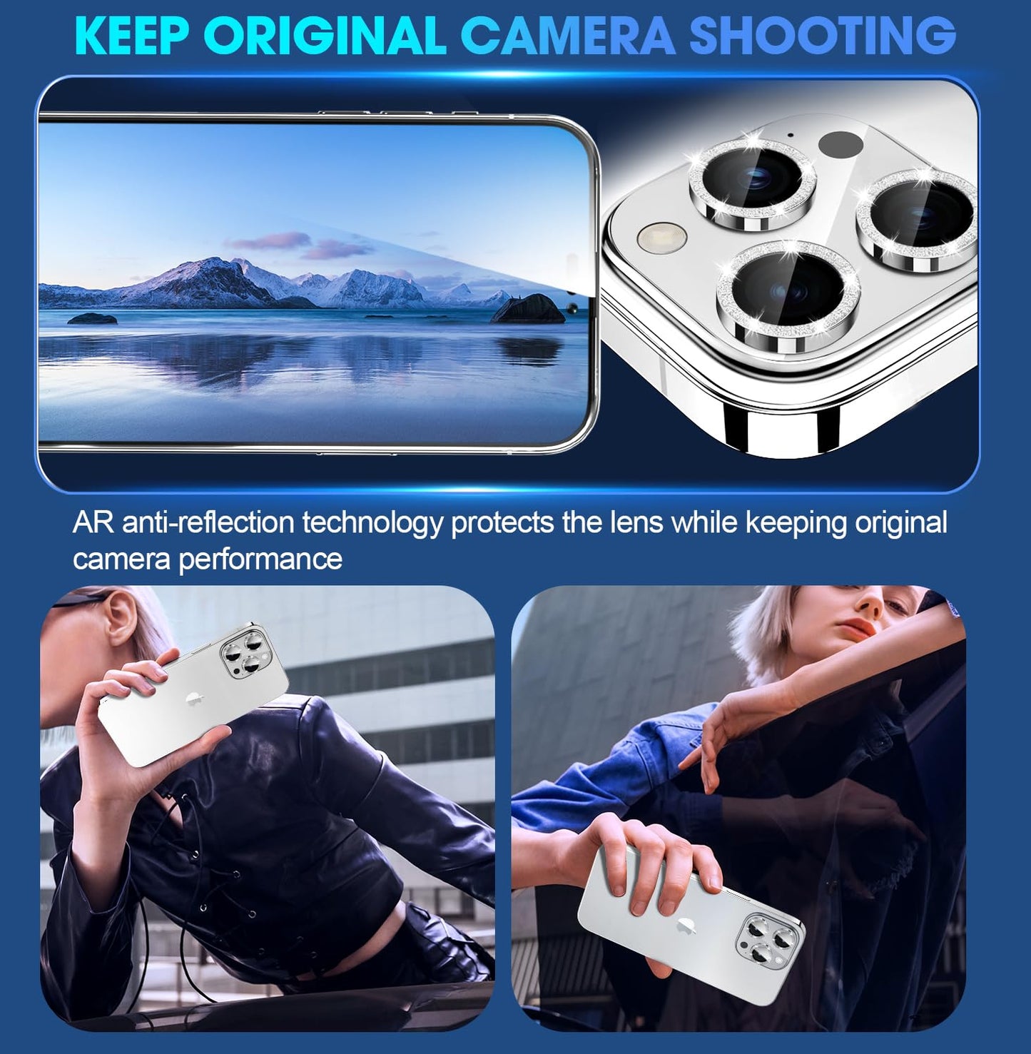 Stylish Silver Glitter Camera Lens Protector for iPhone 15 Pro/15 Pro Max: Scratchproof, Case-Friendly Accessory Enhancing Camera Quality with AR Technology