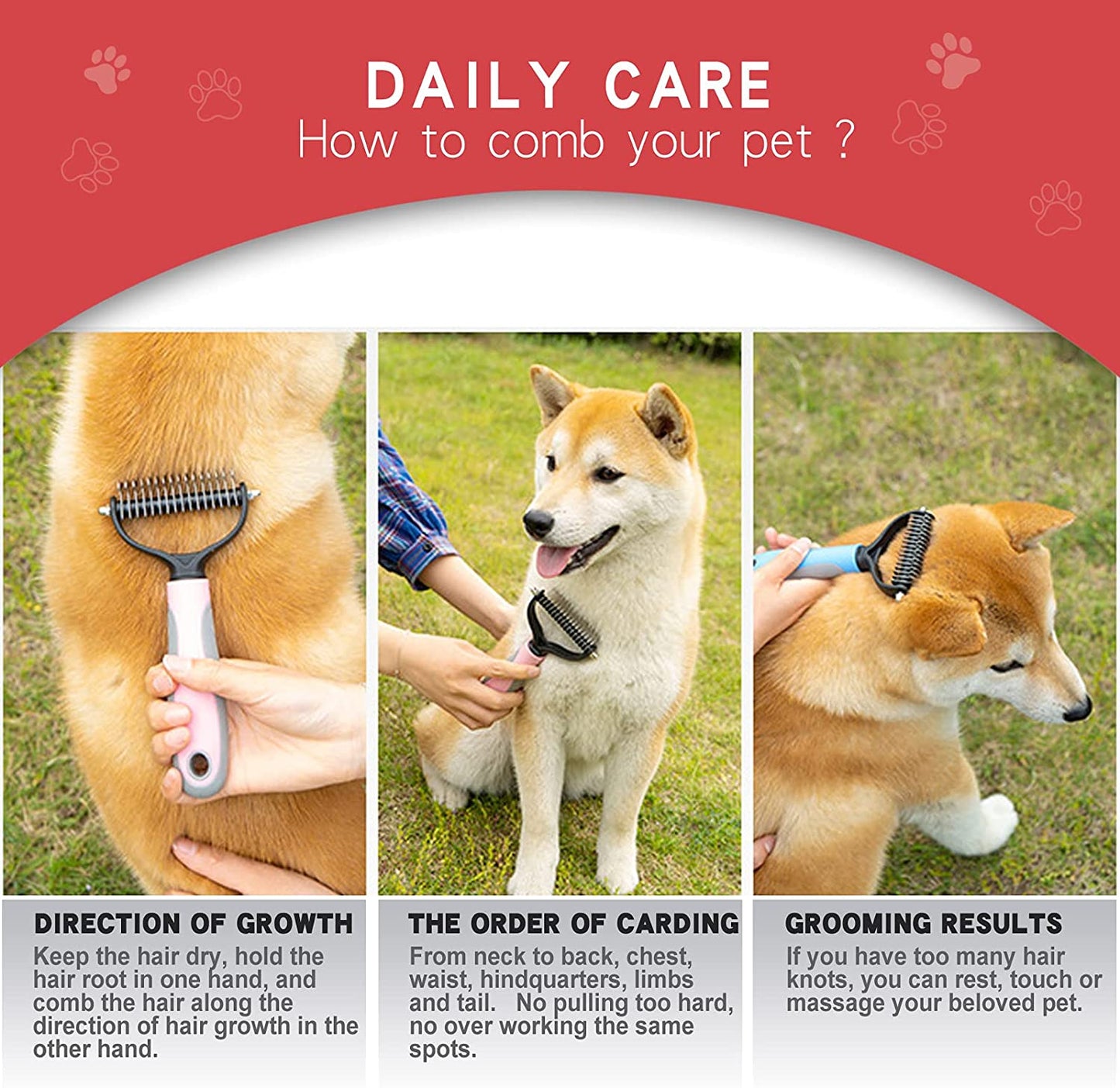 3pcs Pink Double Sided Dog/Cat/Pet Deshedding Brush + Nail Clippers + Nail File