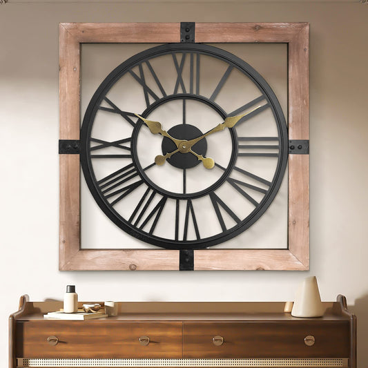 24" Silent Rustic Wood & Metal Wall Clock for Living Room and Office Decor