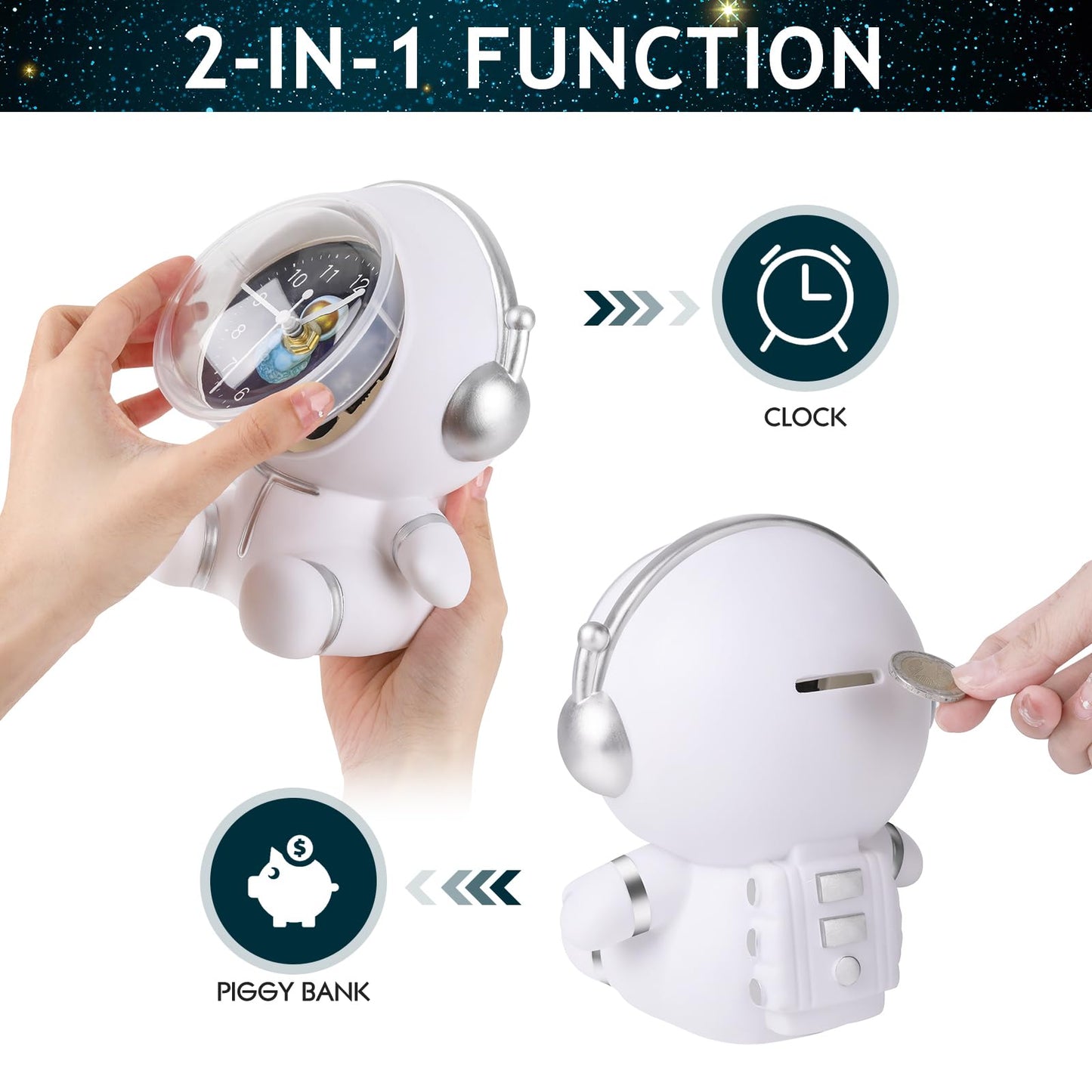 White Astronaut Kid's Unbreakable Money/Piggy Bank w/ Clock