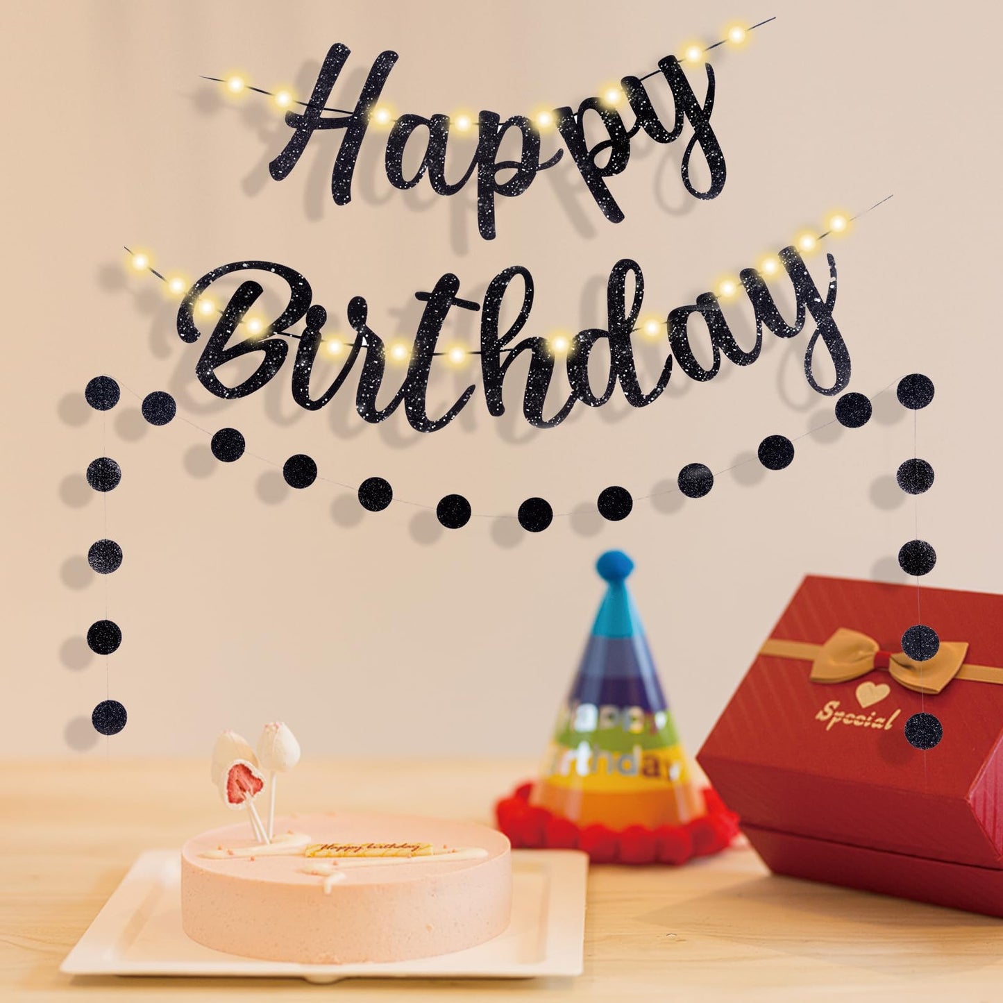 Black Happy Birthday Banner with Lights - Ideal Glow Decor for Both Men & Women