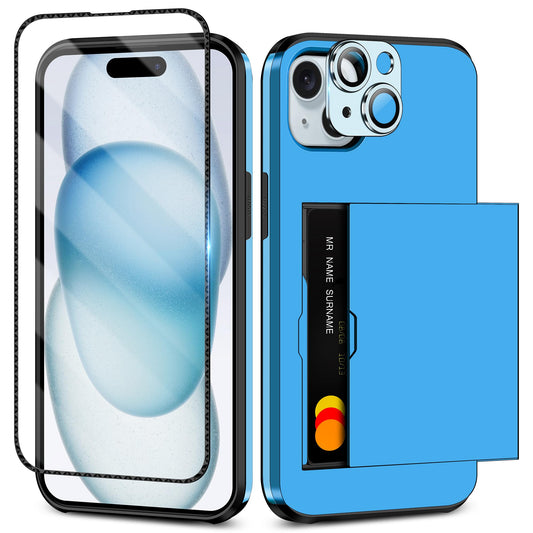 iPhone 15 Case: 4-in-1 Protective Hybrid with Card Holder, Screen Protector & Camera Cover (Light Blue)