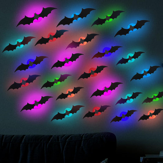 Halloween LED Bat Stickers - 24 Pack of 3D Decorative Lights in Three Sizes, Long-Lasting Glow for Spooky Ambience