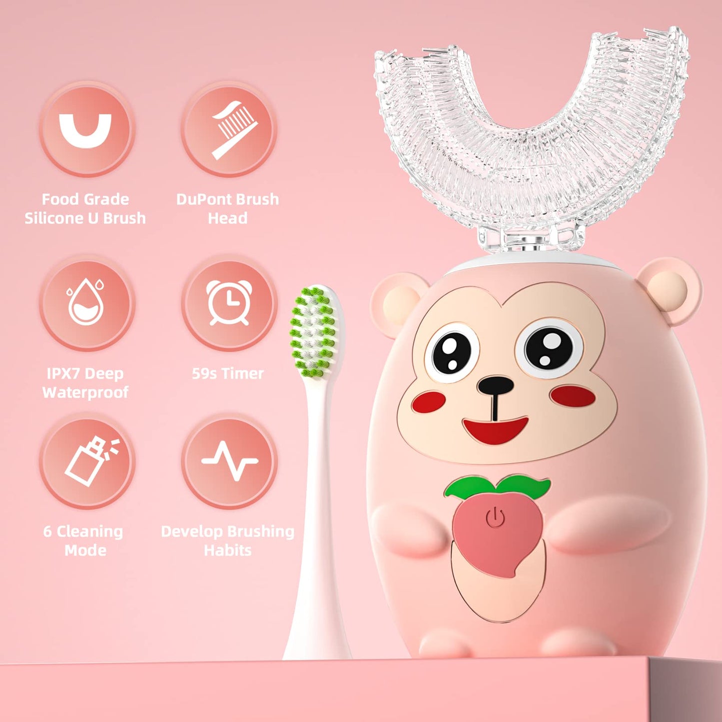 Revolutionary 360-Degree Cleaning Kids Electric Toothbrush - Pink Monkey Design, IPX7 Waterproof with Smart Timer