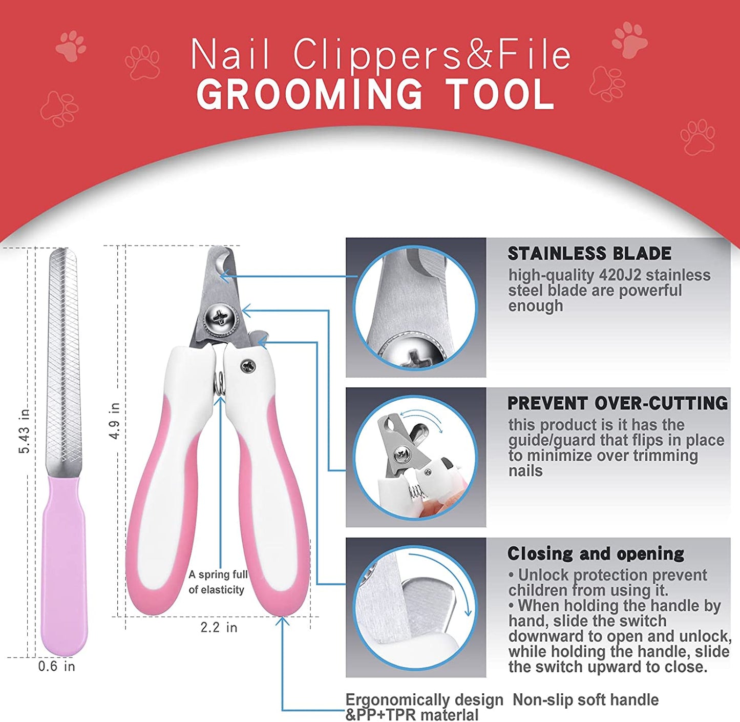 3pcs Pink Double Sided Dog/Cat/Pet Deshedding Brush + Nail Clippers + Nail File