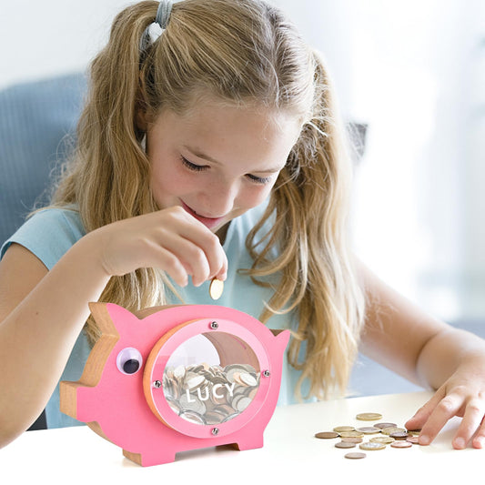 Personalized Wooden Piggy Bank for Kids | Transparent Savings Box | Ideal Birthday & Christmas Gift - Pink