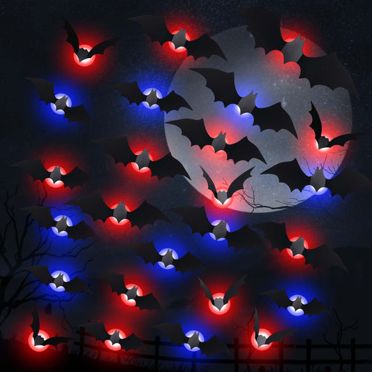36pcs Light Up 3D Halloween Black PVC Sticky Bat Decorations in 4 Sizes