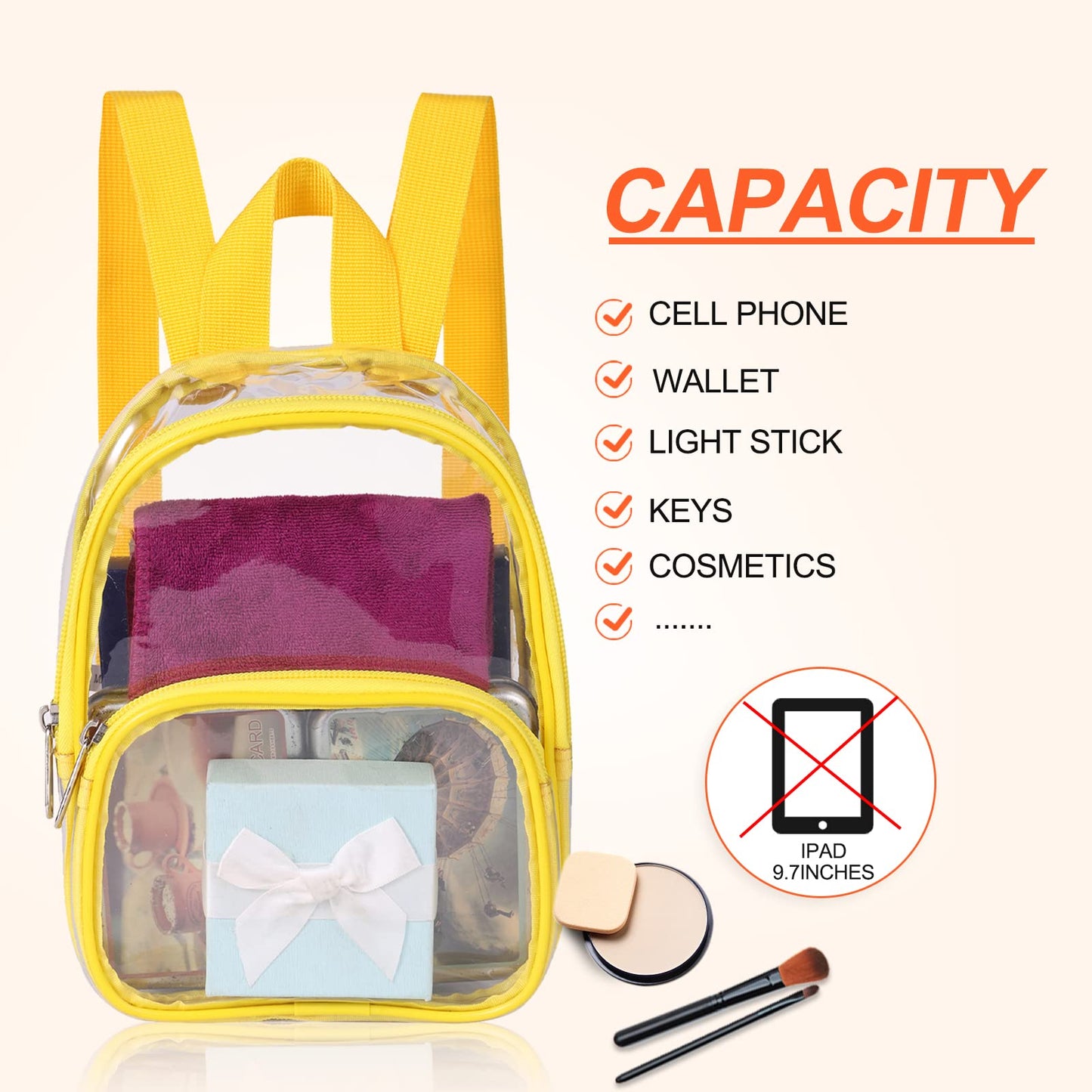 7.5"x2.8"x9" Stadium Approved Clear/Yellow Mini Backpack w/ Front & Slip Pocket