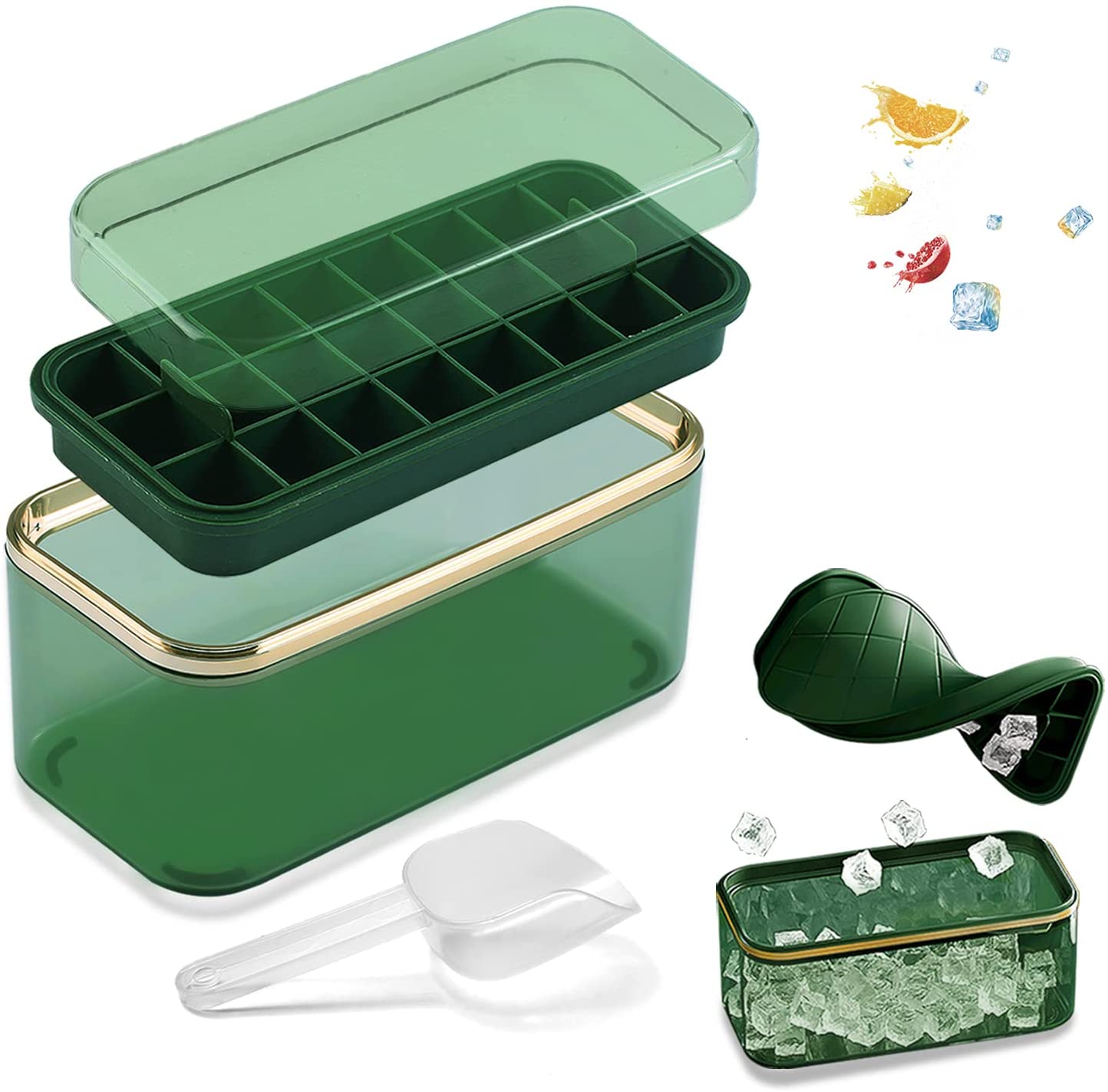 Silicone Ice Cube Tray Set with Scoop and Bin, Ideal for Whiskey & Cocktails