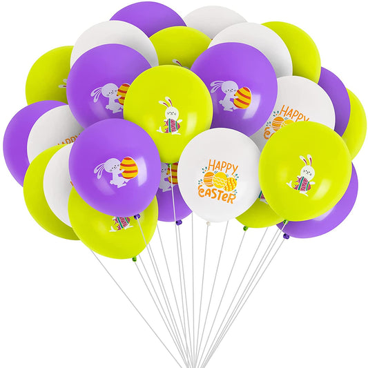 30pcs 12" Happy Easter Latex Balloons (10 Purple/10 Green/10 White)