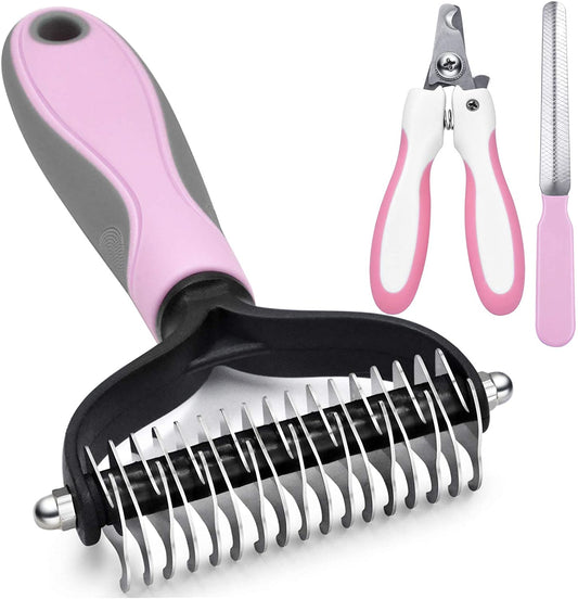 3pcs Pink Double Sided Dog/Cat/Pet Deshedding Brush + Nail Clippers + Nail File