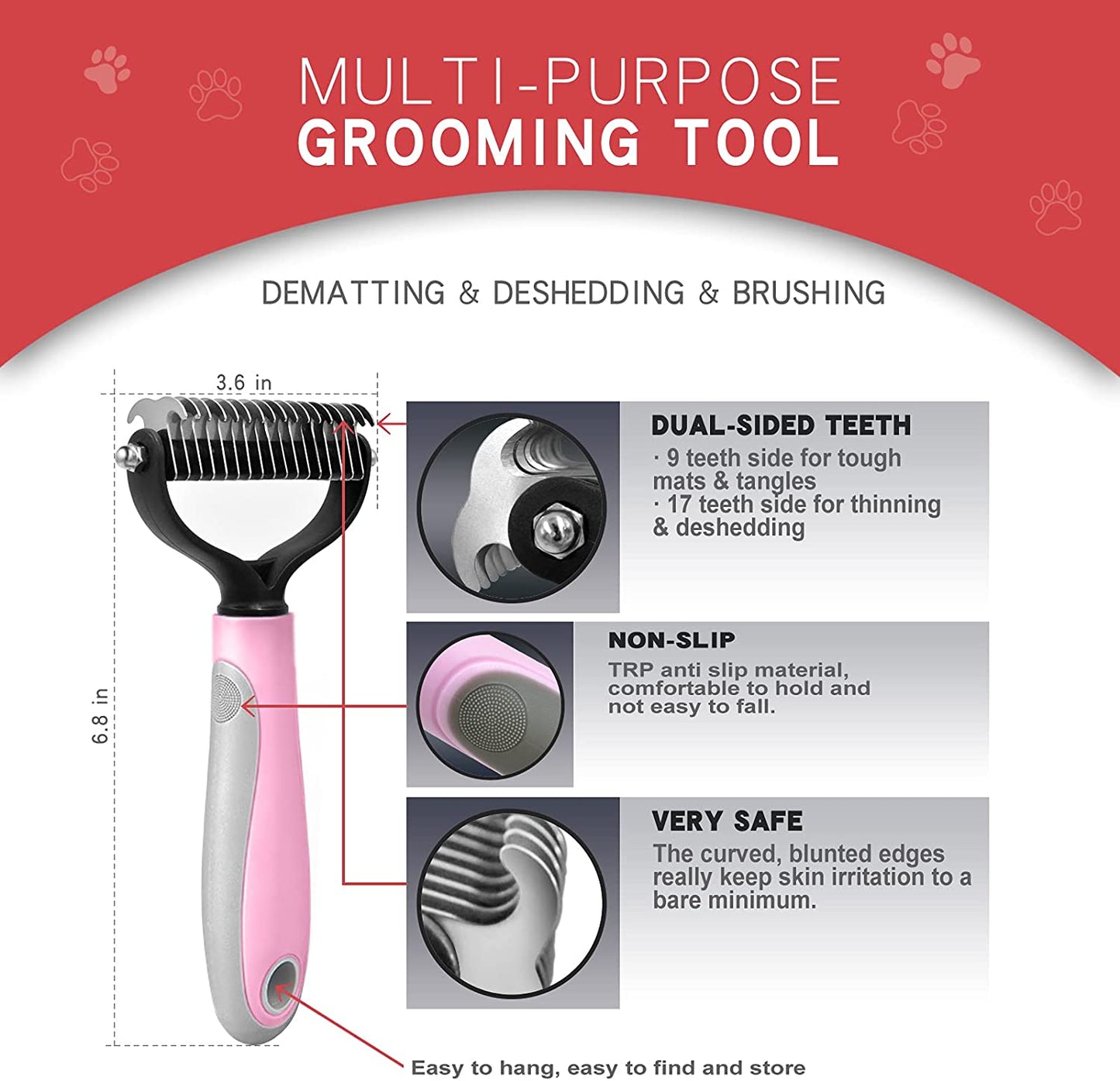 3pcs Pink Double Sided Dog/Cat/Pet Deshedding Brush + Nail Clippers + Nail File