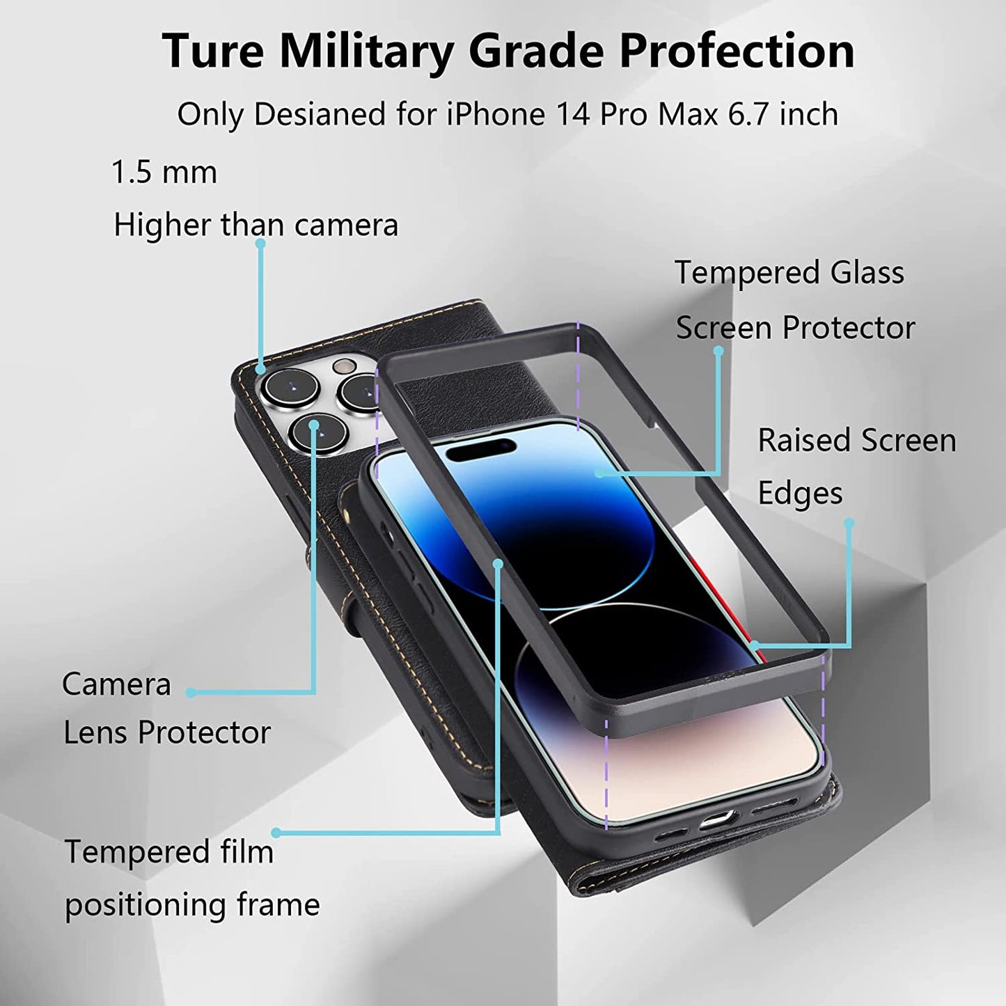 iPhone 14 Pro Max Kickstand Wallet Case w/ 2 ea Screen/Camera Lens Protectors